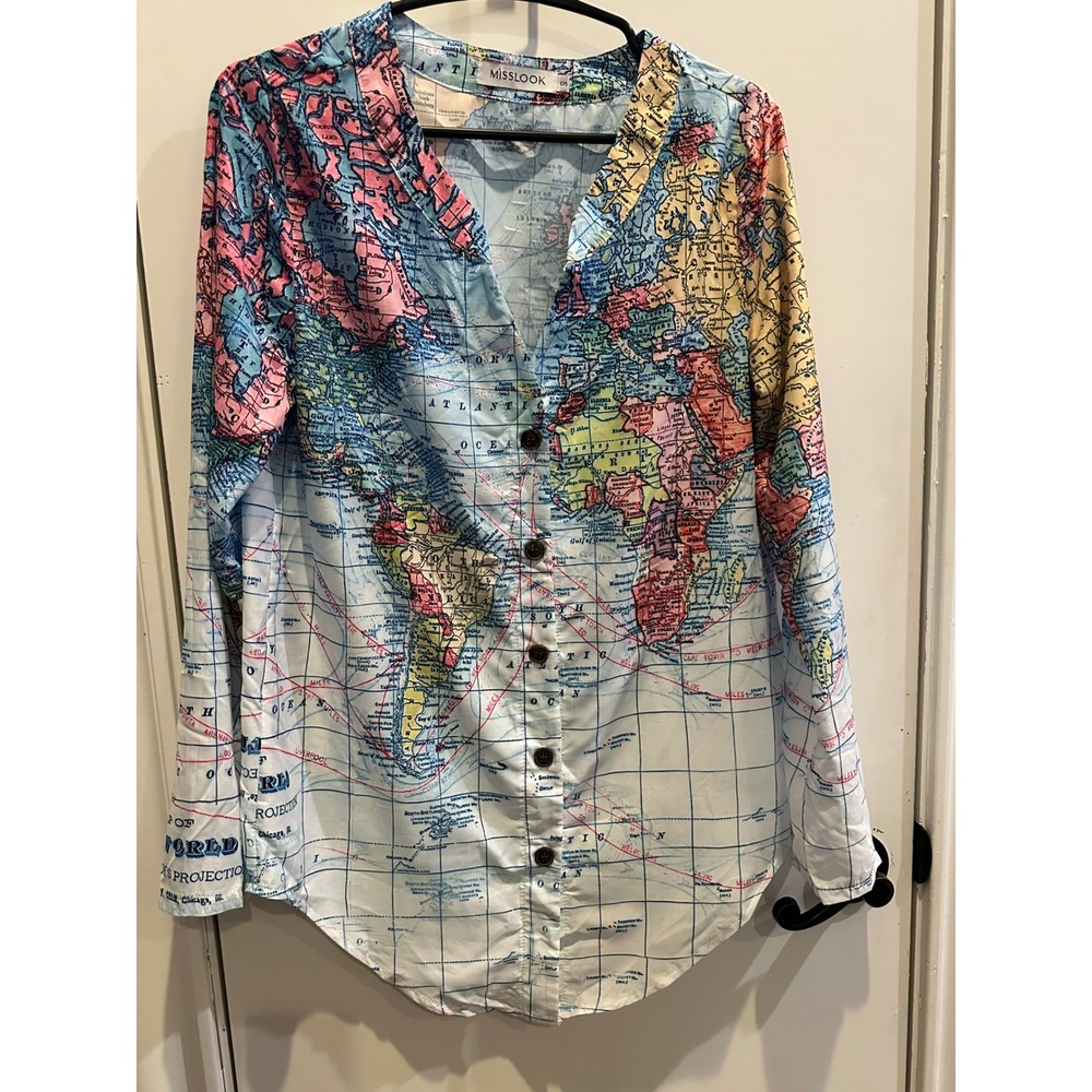 Misslook Womens World Map Print Button Up Shirt Long Sleeve V-Neck Multi Color S